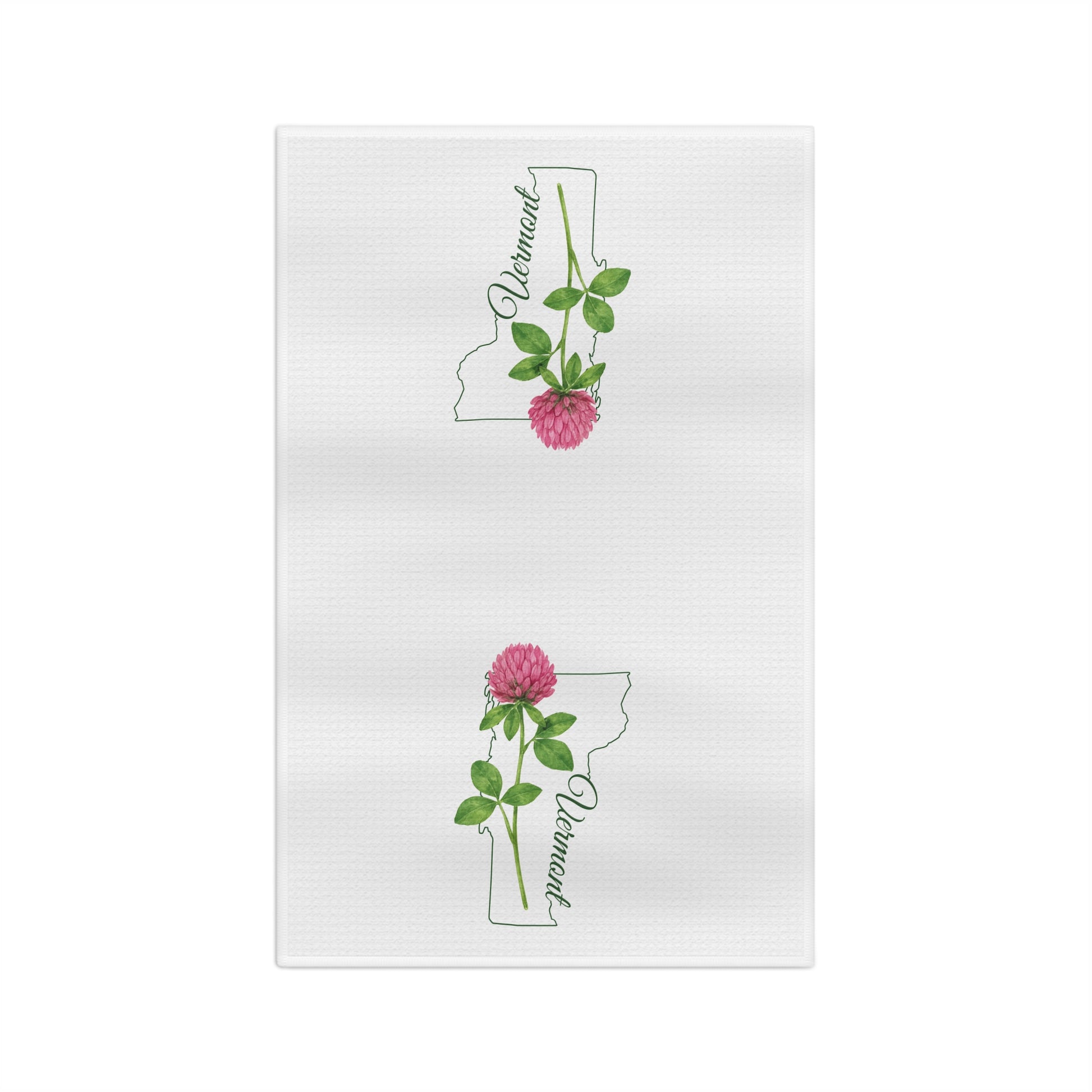 White microfiber tea towel with two pink red clover blooms and green Vermont state outlines.