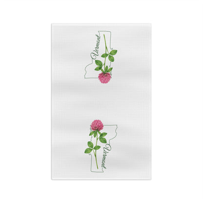 White microfiber tea towel with two pink red clover blooms and green Vermont state outlines.