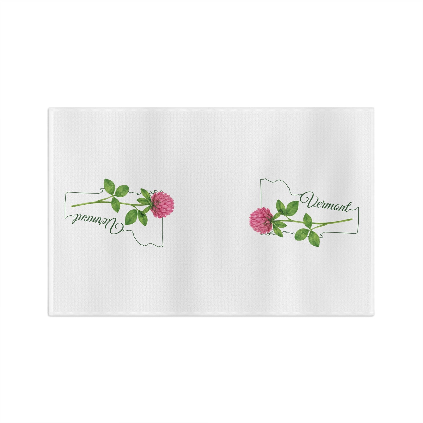 White microfiber tea towel with two pink red clover blooms and green Vermont state outline designs.