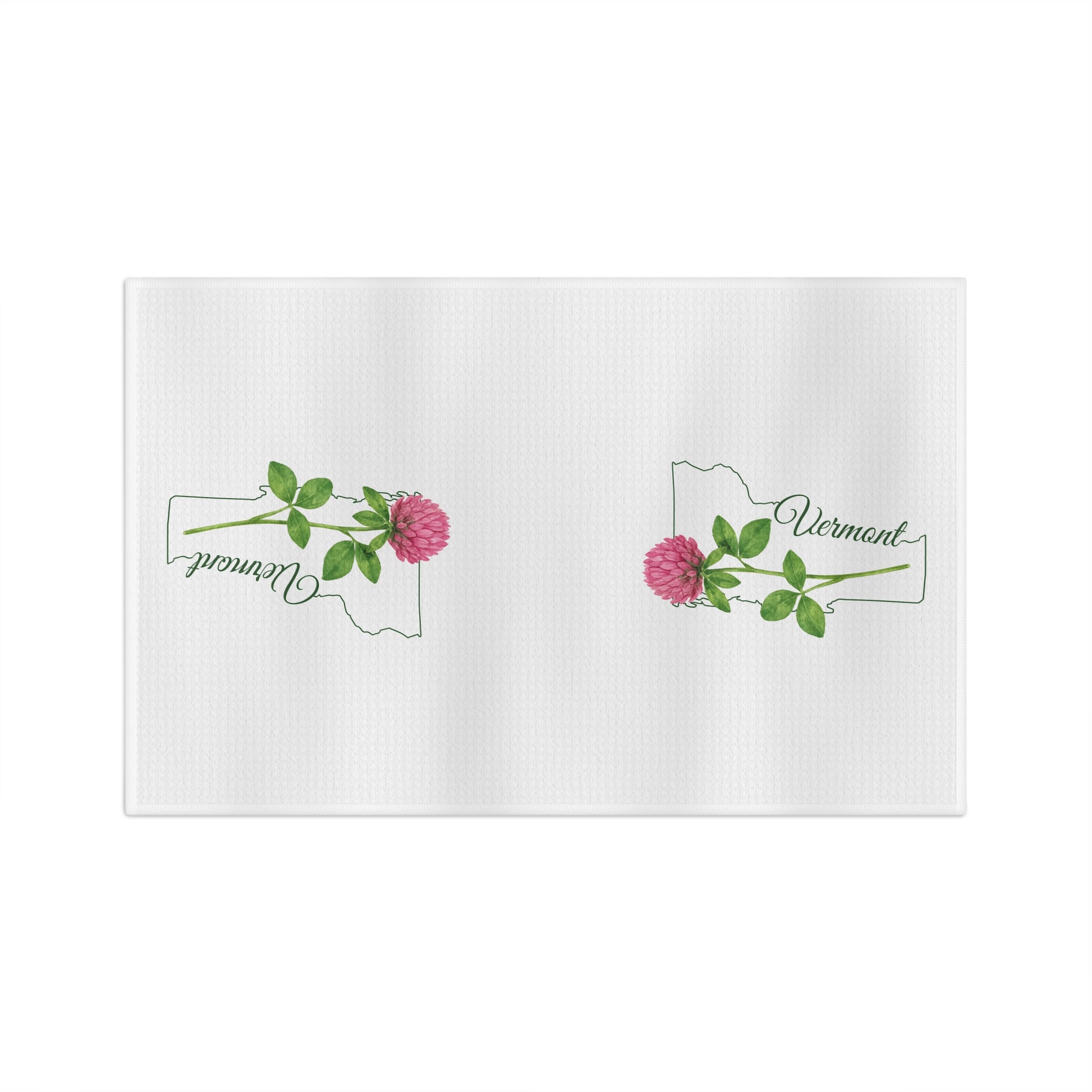 White microfiber tea towel with two pink red clover blooms and green Vermont state outline designs.