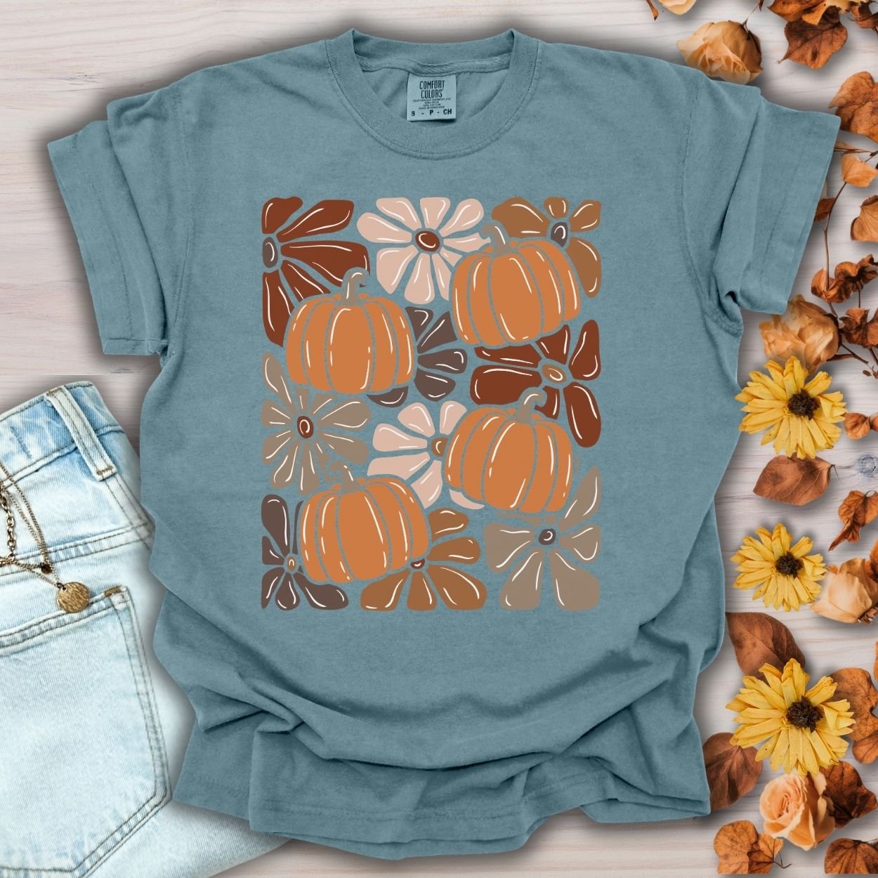 Vibrant Retro Floral Pumpkin T-Shirt