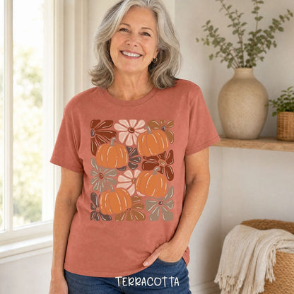 Vibrant Retro Floral Pumpkin T-Shirt