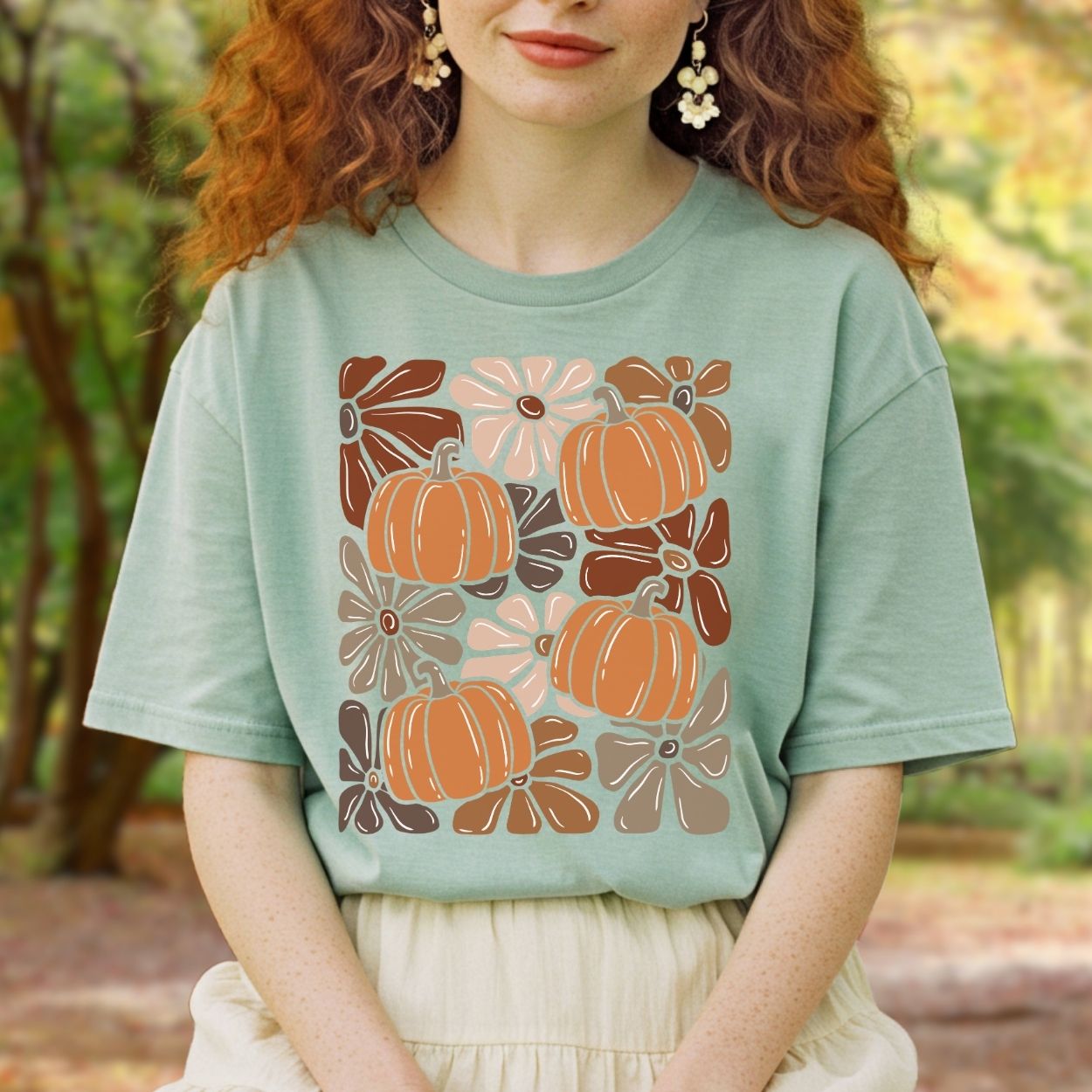 Vibrant Retro Floral Pumpkin T-Shirt