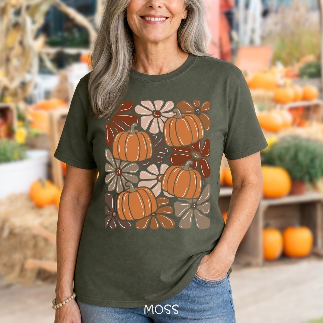 Vibrant Retro Floral Pumpkin T-Shirt