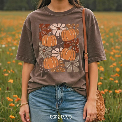 Vibrant Retro Floral Pumpkin T-Shirt