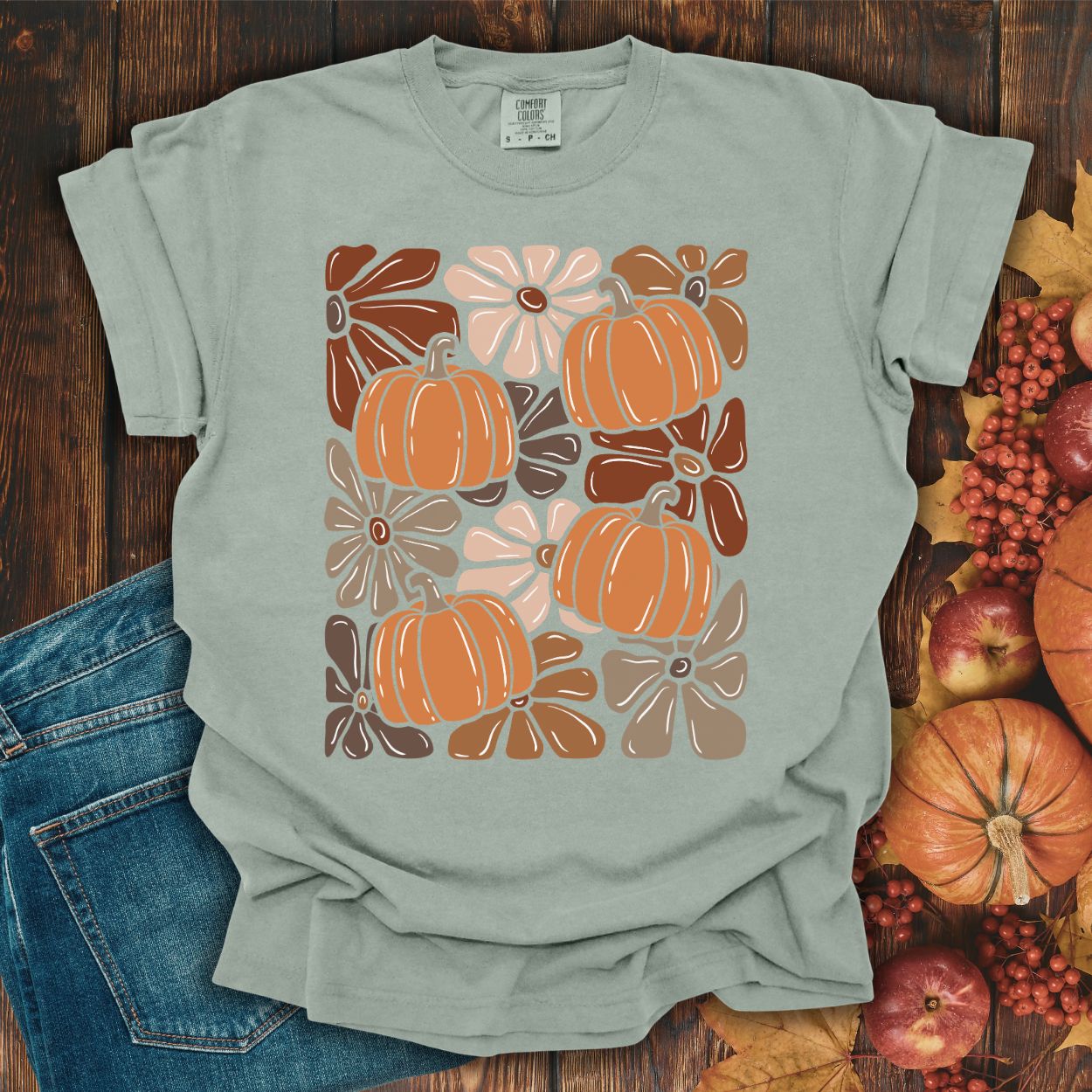 Vibrant Retro Floral Pumpkin T-Shirt