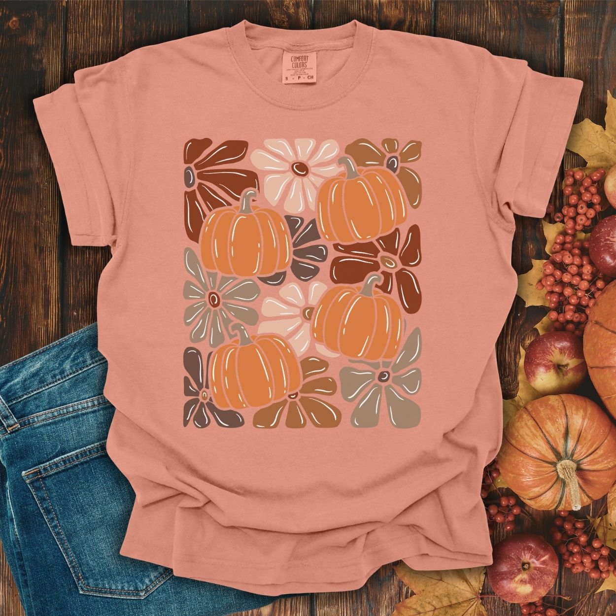 Vibrant Retro Floral Pumpkin T-Shirt