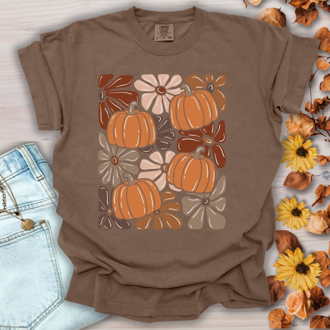 Vibrant Retro Floral Pumpkin T-Shirt