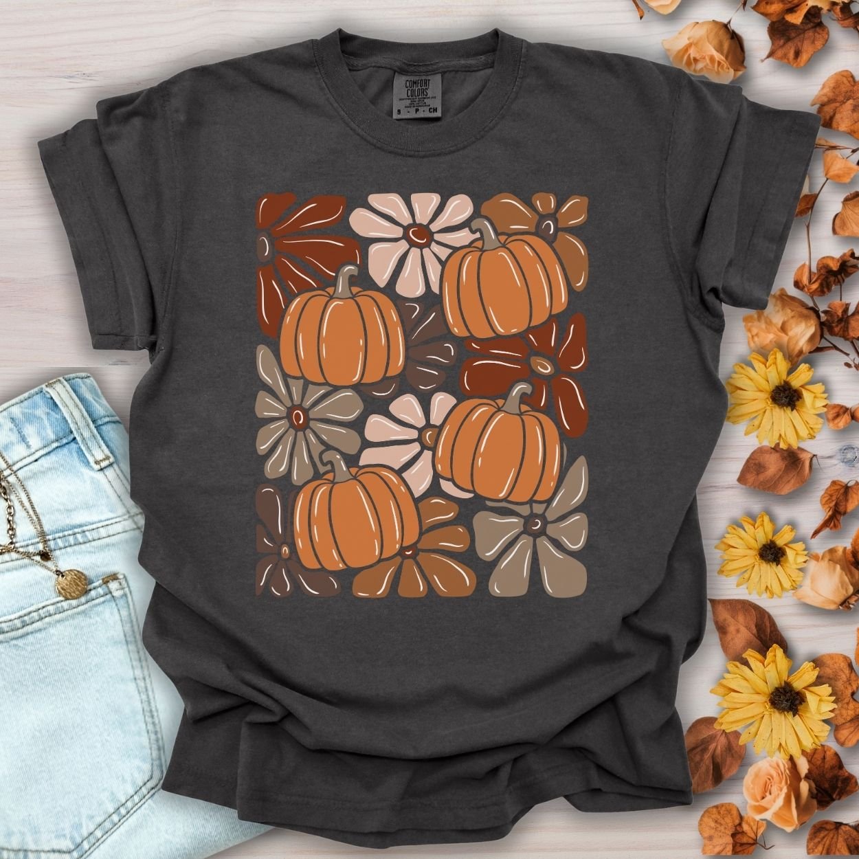 Vibrant Retro Floral Pumpkin T-Shirt