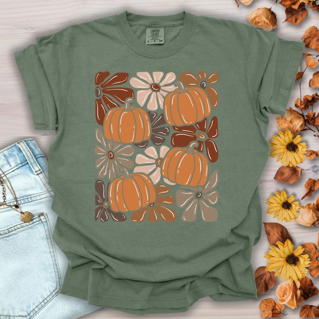 Vibrant Retro Floral Pumpkin T-Shirt