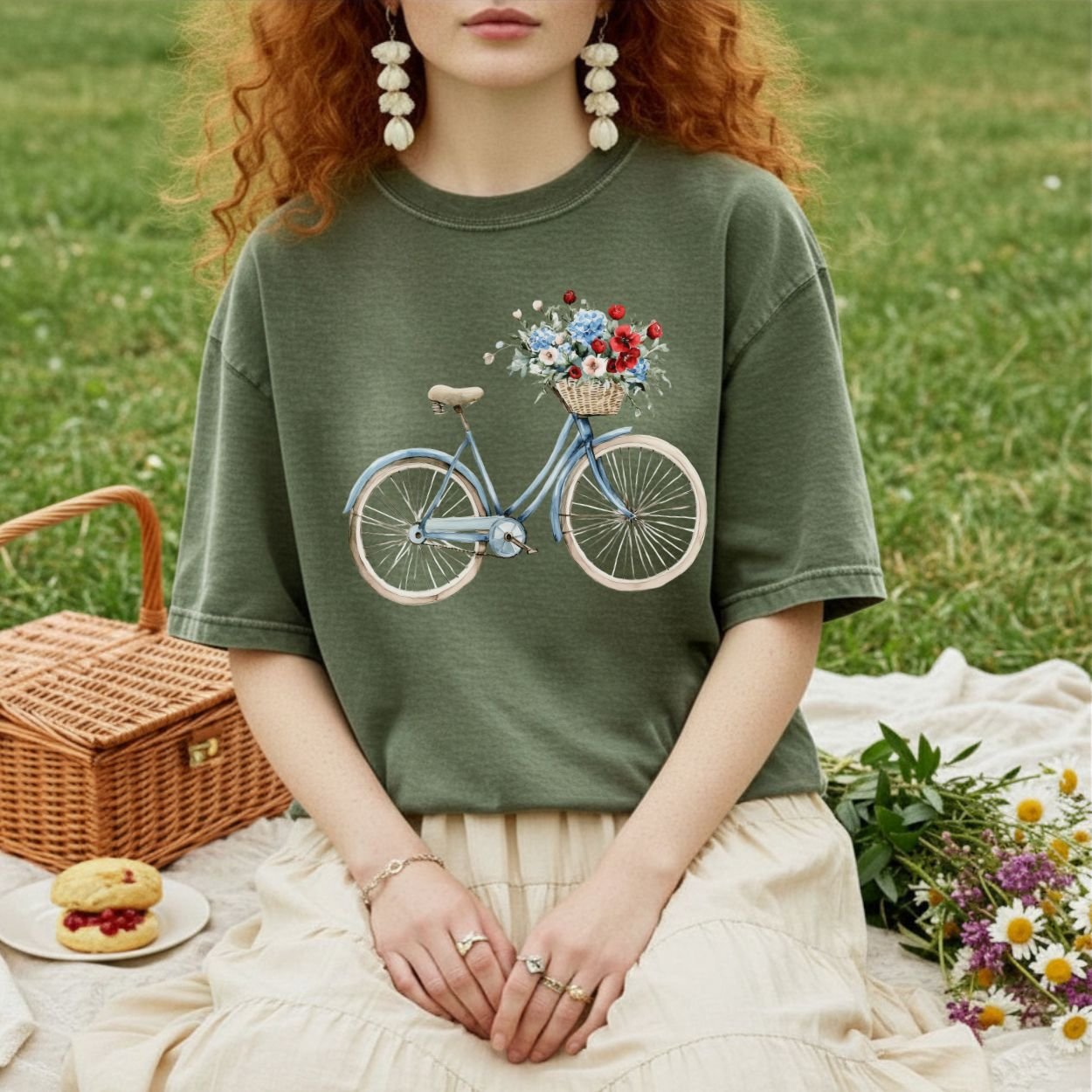 Vintage Americana Bicycle with Flowers T-Shirt