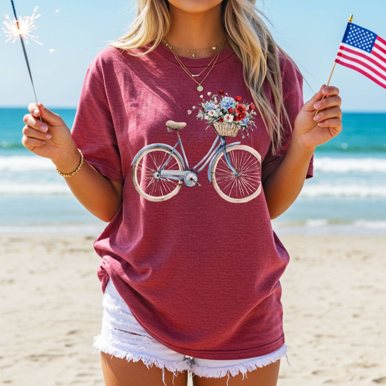 Vintage Americana Bicycle with Flowers T-Shirt