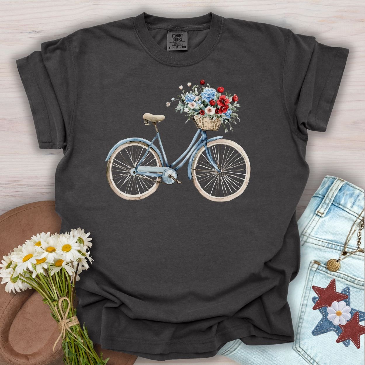 Vintage Americana Bicycle with Flowers T-Shirt