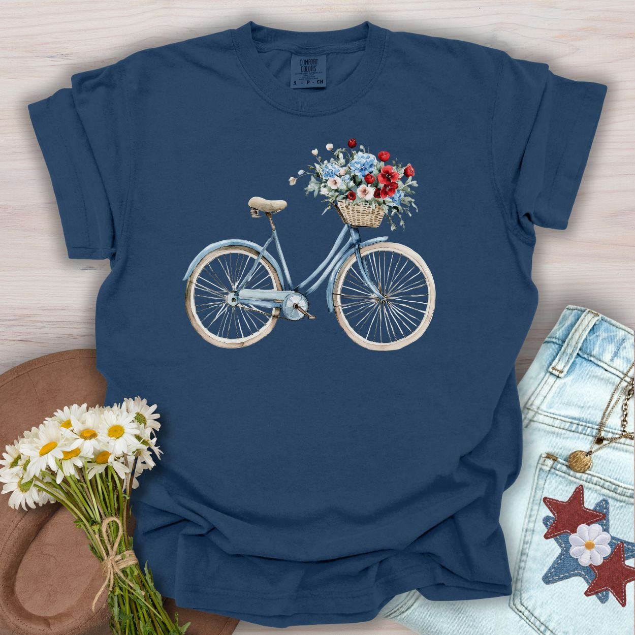 Vintage Americana Bicycle with Flowers T-Shirt