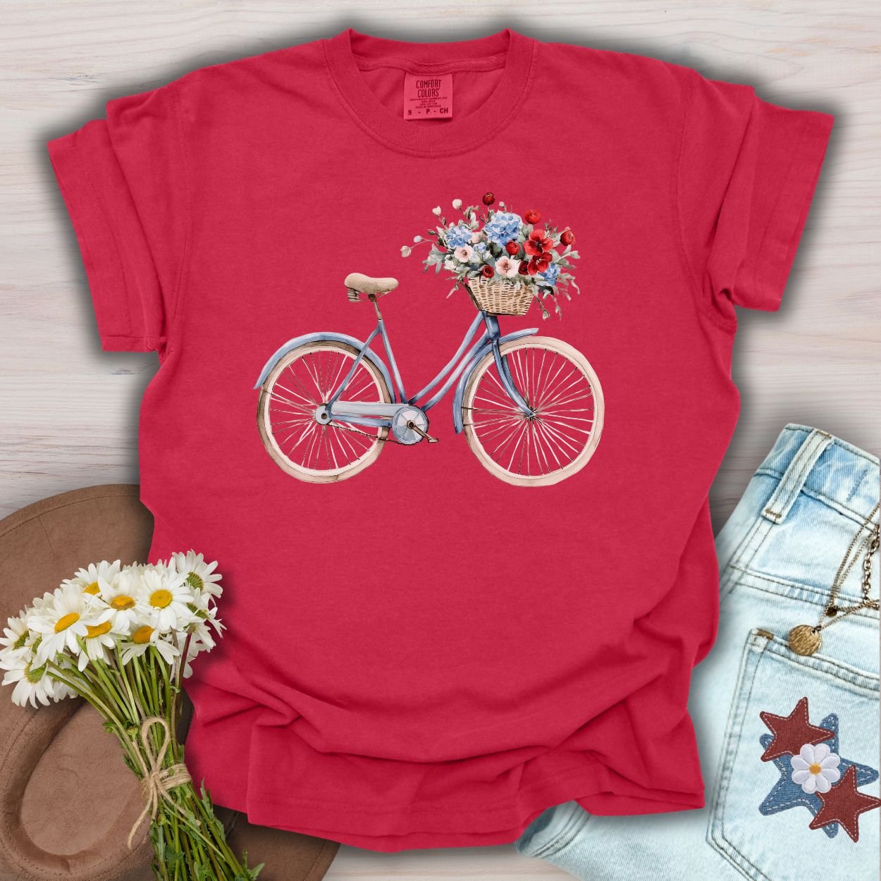 Vintage Americana Bicycle with Flowers T-Shirt