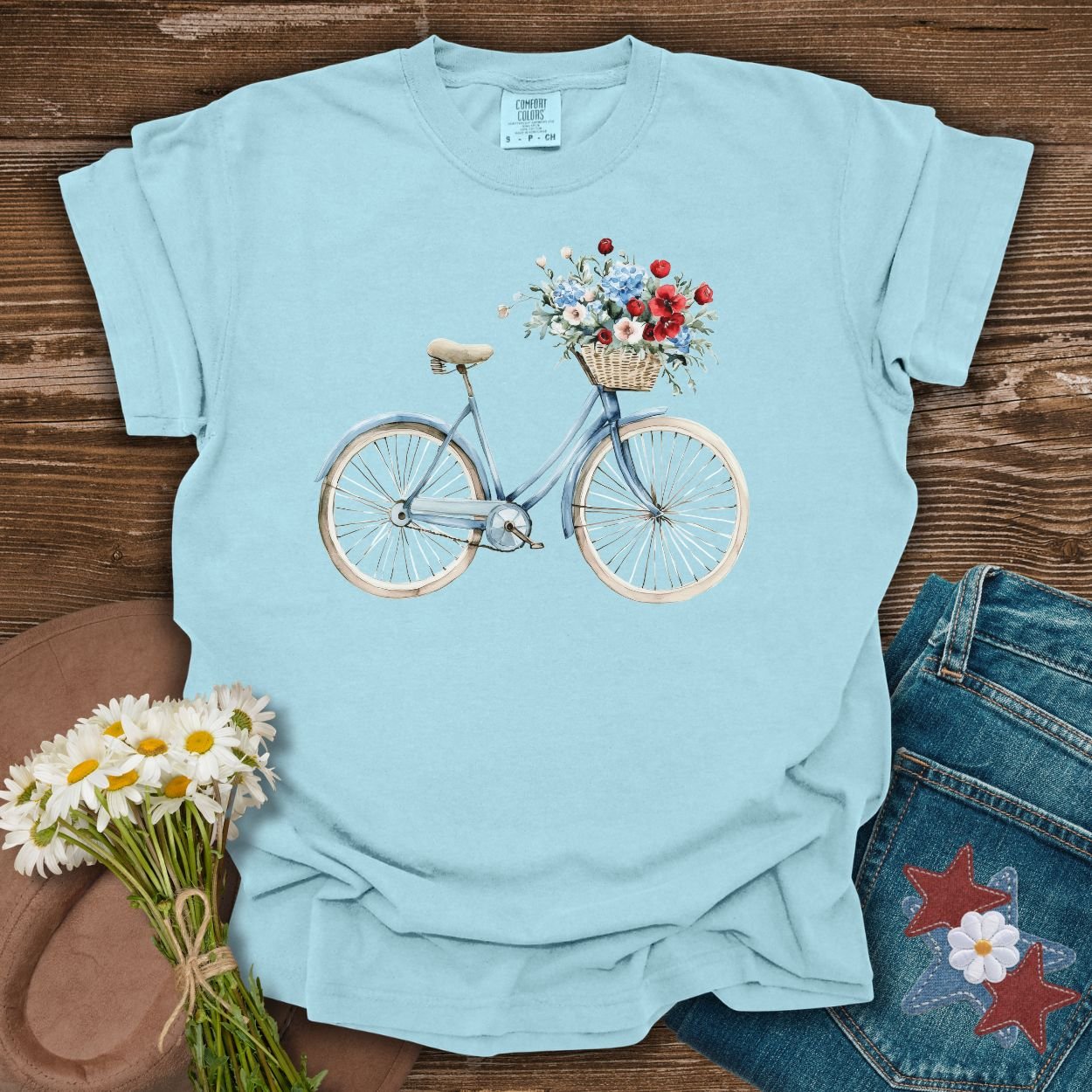 Vintage Americana Bicycle with Flowers T-Shirt