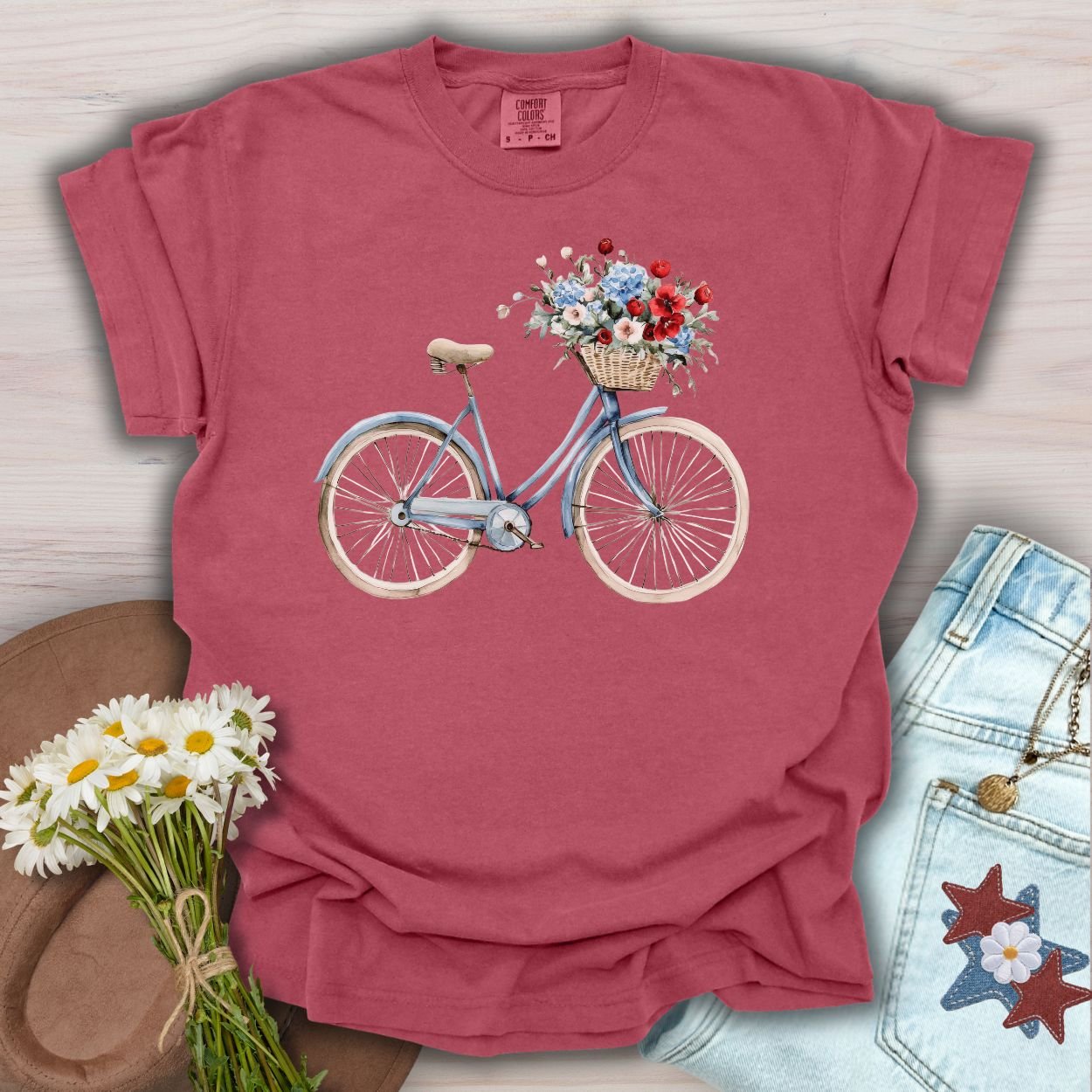 Vintage Americana Bicycle with Flowers T-Shirt