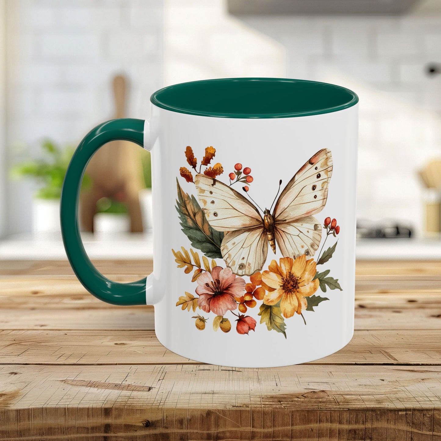 Vintage Autumn Butterfly & Dahlia Flowers Mug (11/15oz)