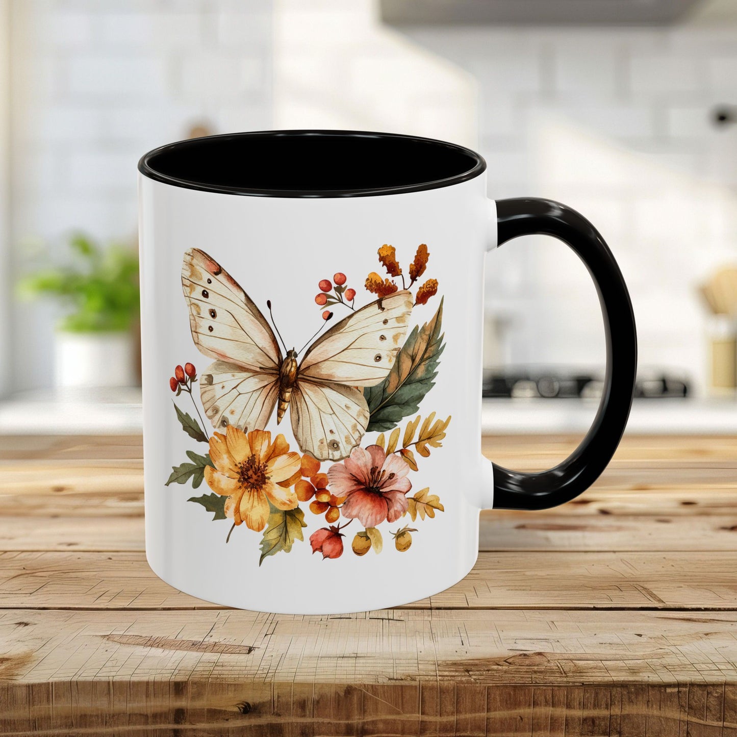 Vintage Autumn Butterfly & Dahlia Flowers Mug (11/15oz)