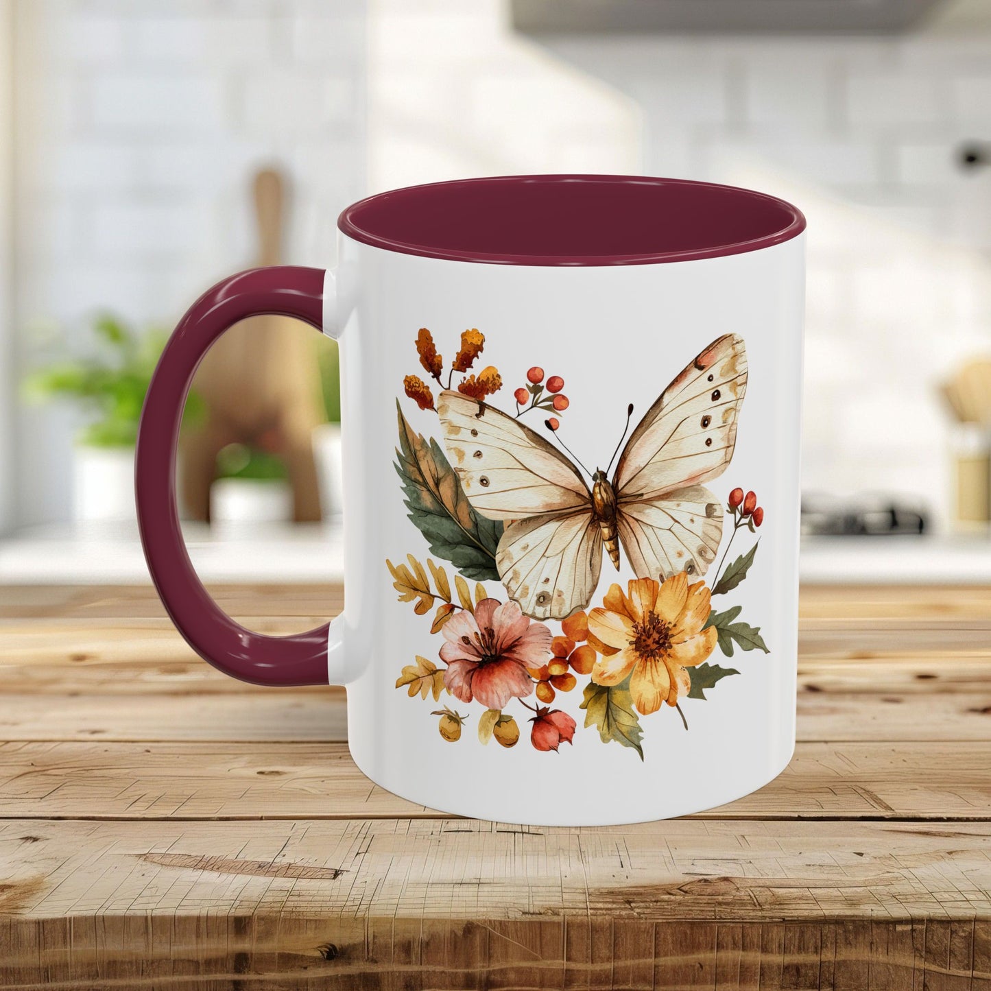 Vintage Autumn Butterfly & Dahlia Flowers Mug (11/15oz)