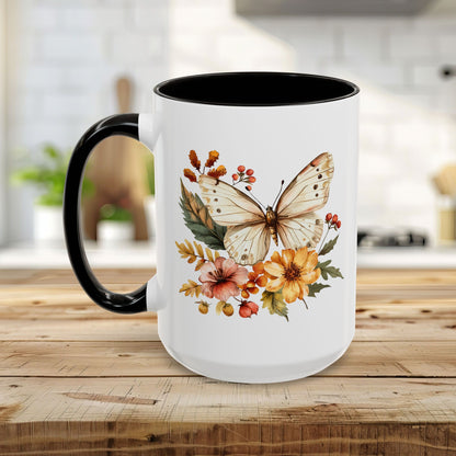 Vintage Autumn Butterfly & Dahlia Flowers Mug (11/15oz)