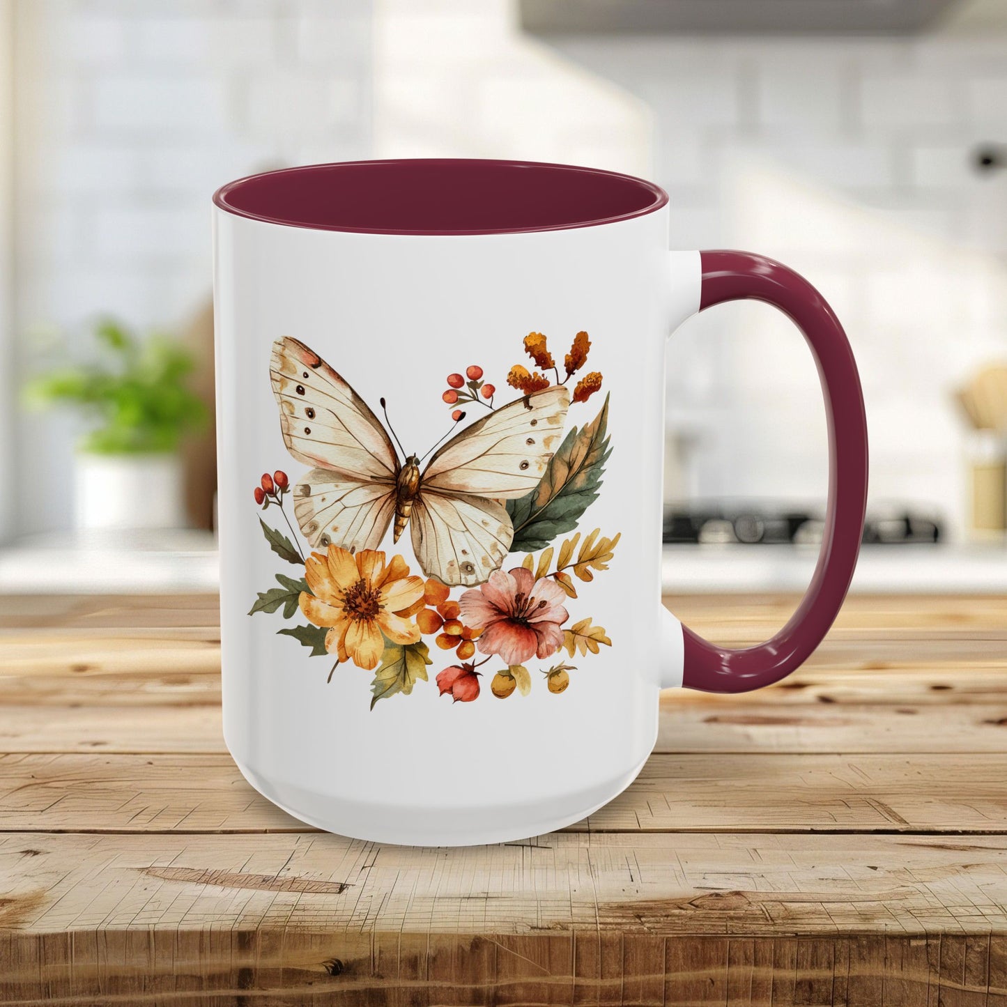 Vintage Autumn Butterfly & Dahlia Flowers Mug (11/15oz)