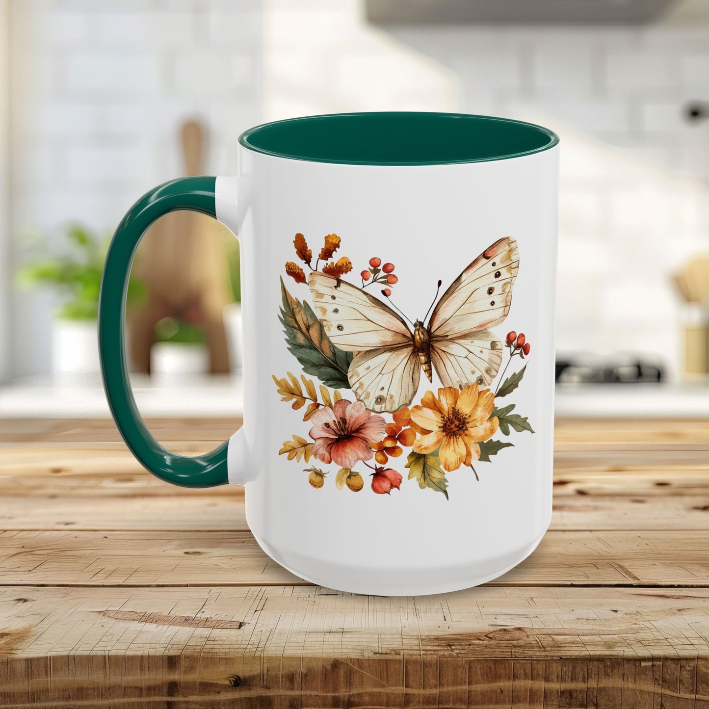 Vintage Autumn Butterfly & Dahlia Flowers Mug (11/15oz)