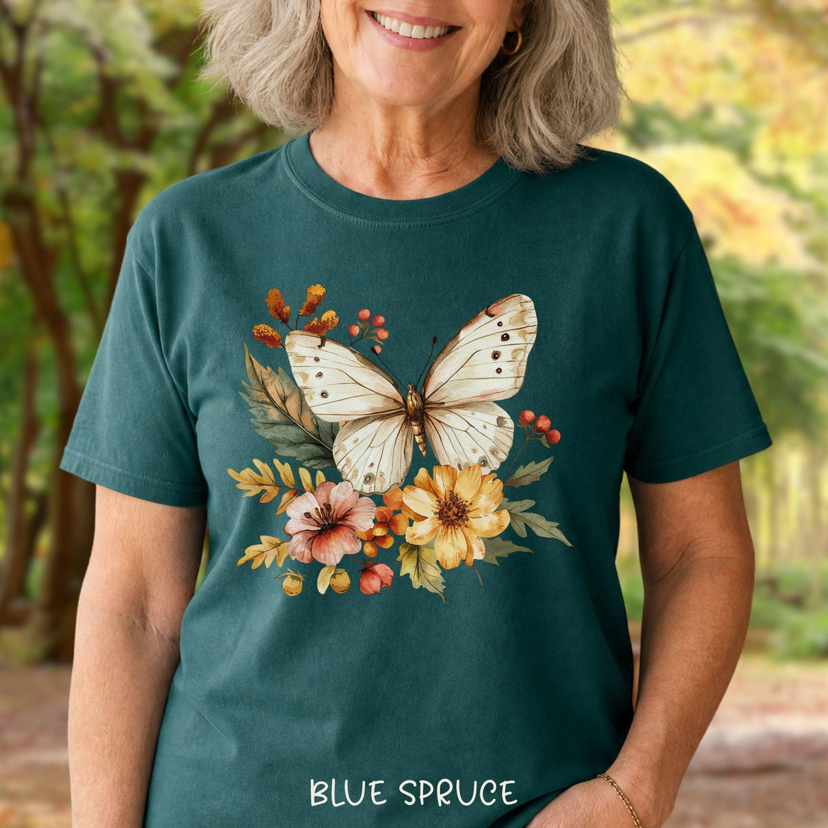 Vintage Autumn Butterfly & Dahlia Flowers T-Shirt