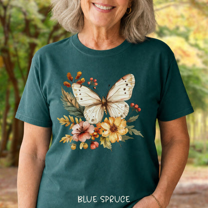 Vintage Autumn Butterfly & Dahlia Flowers T-Shirt