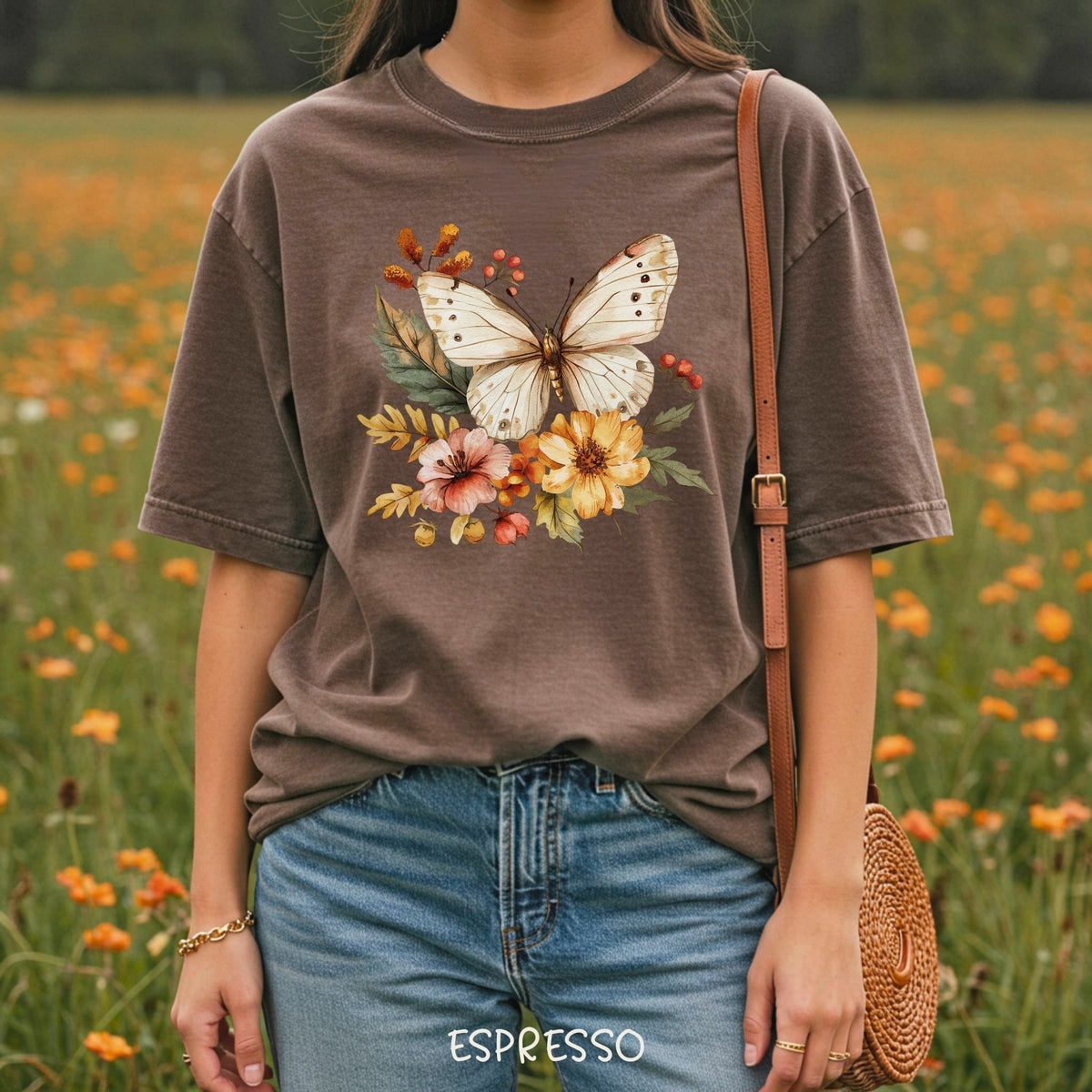 Vintage Autumn Butterfly & Dahlia Flowers T-Shirt