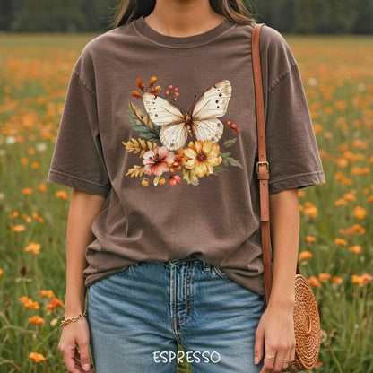 Vintage Autumn Butterfly & Dahlia Flowers T-Shirt