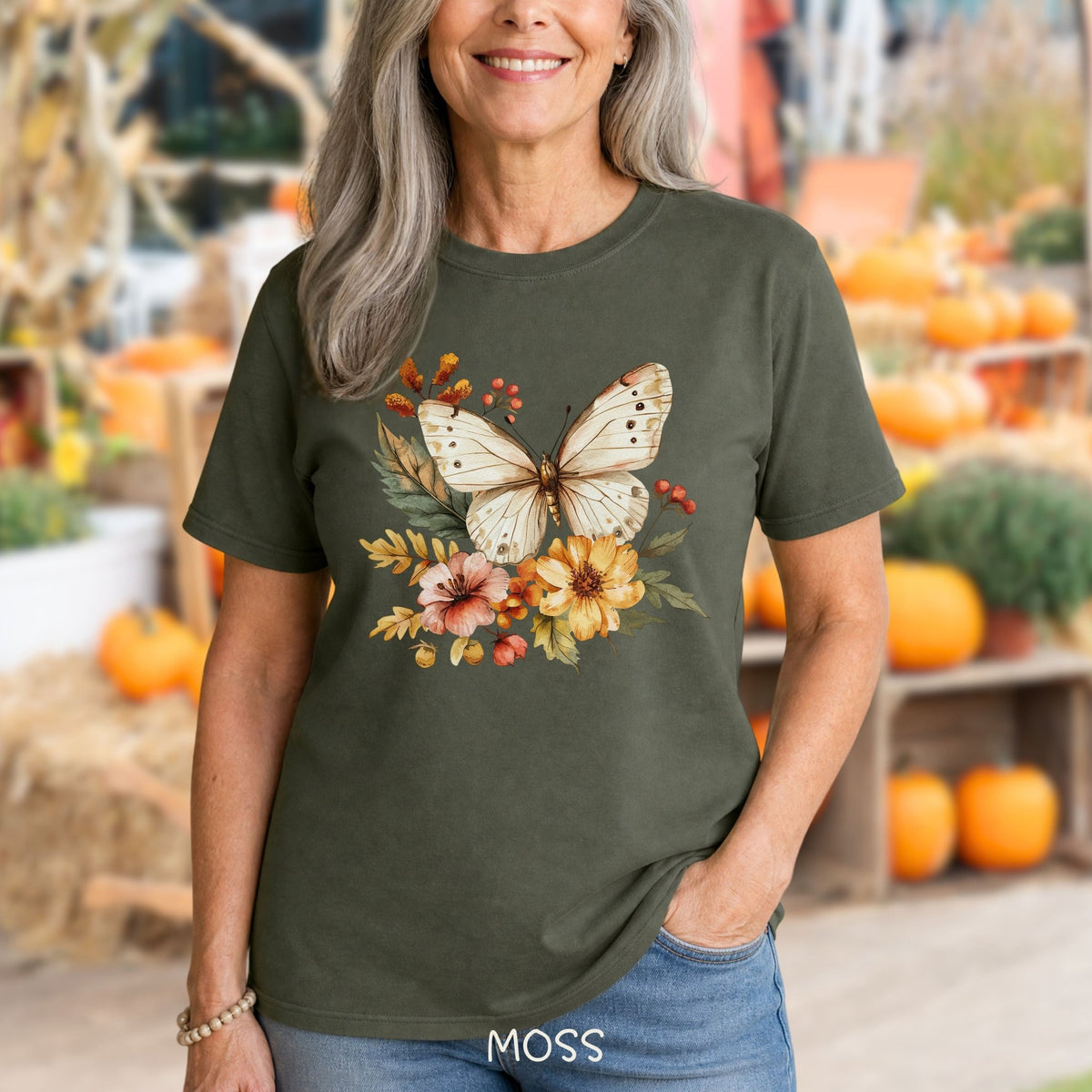 Vintage Autumn Butterfly & Dahlia Flowers T-Shirt