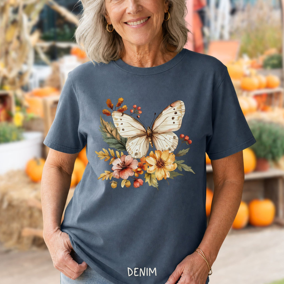 Vintage Autumn Butterfly & Dahlia Flowers T-Shirt