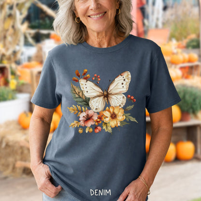 Vintage Autumn Butterfly & Dahlia Flowers T-Shirt