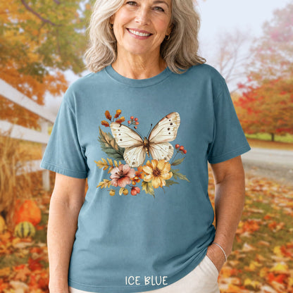 Vintage Autumn Butterfly & Dahlia Flowers T-Shirt