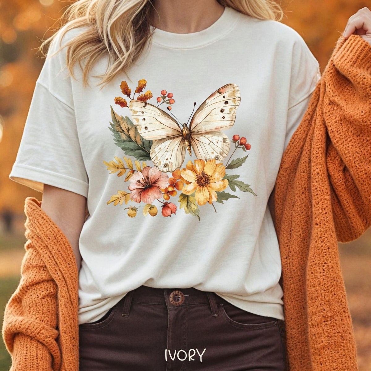 Vintage Autumn Butterfly & Dahlia Flowers T-Shirt