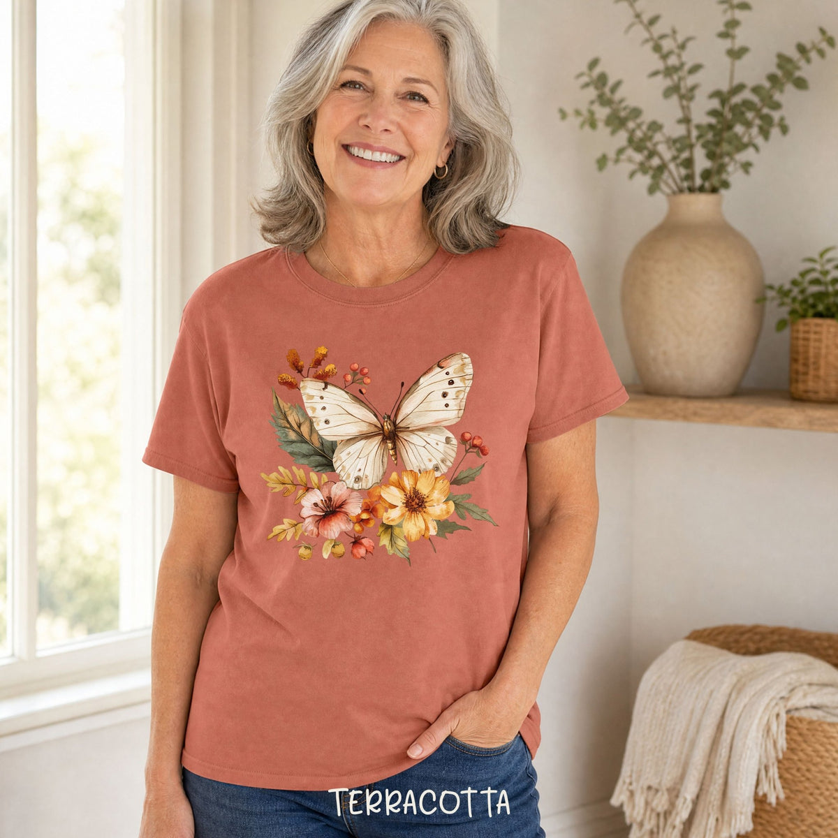 Vintage Autumn Butterfly & Dahlia Flowers T-Shirt