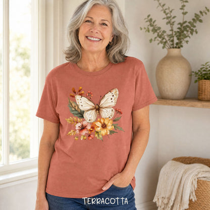 Vintage Autumn Butterfly & Dahlia Flowers T-Shirt