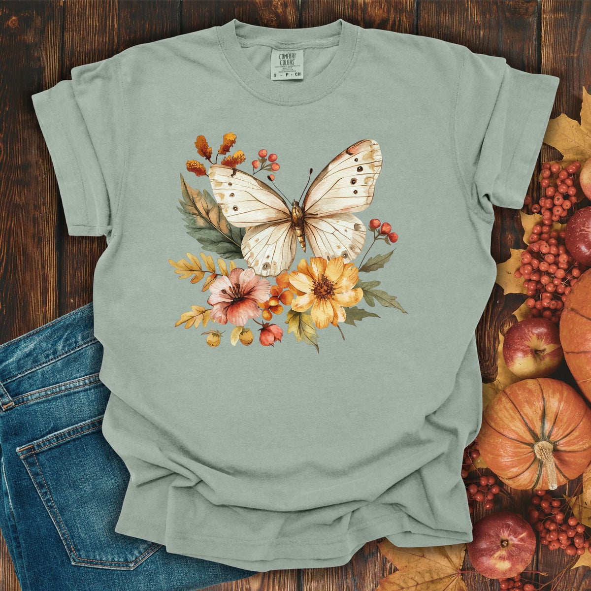 Vintage Autumn Butterfly & Dahlia Flowers T-Shirt