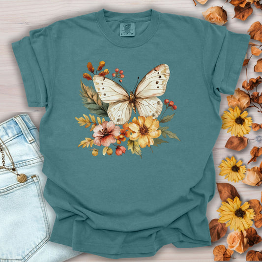 Vintage Autumn Butterfly & Dahlia Flowers T-Shirt