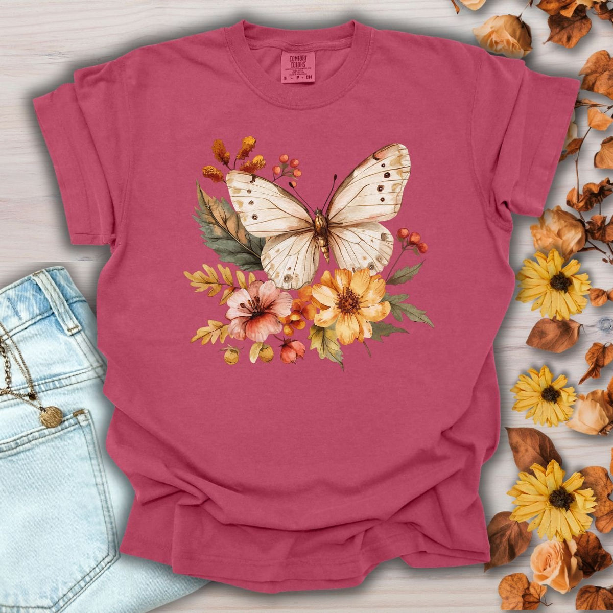 Vintage Autumn Butterfly & Dahlia Flowers T-Shirt