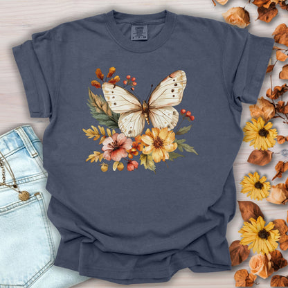 Vintage Autumn Butterfly & Dahlia Flowers T-Shirt
