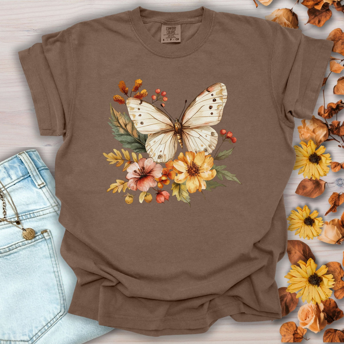 Vintage Autumn Butterfly & Dahlia Flowers T-Shirt