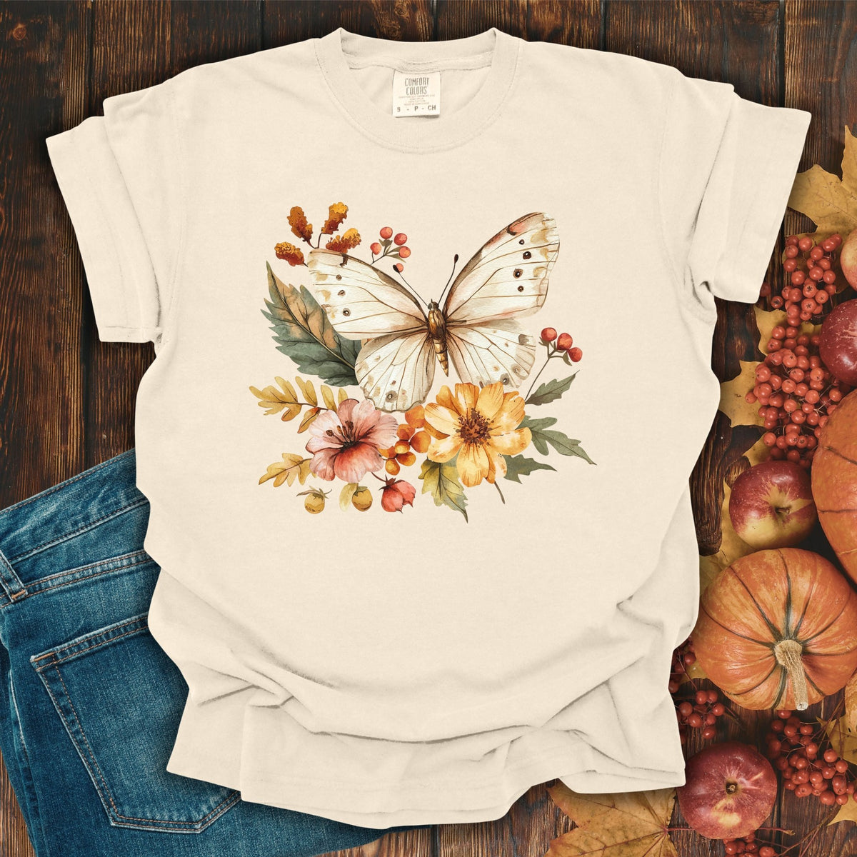 Vintage Autumn Butterfly & Dahlia Flowers T-Shirt
