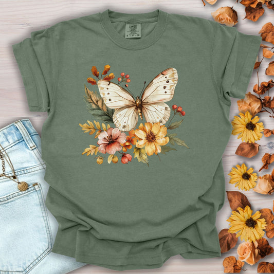 Vintage Autumn Butterfly & Dahlia Flowers T-Shirt