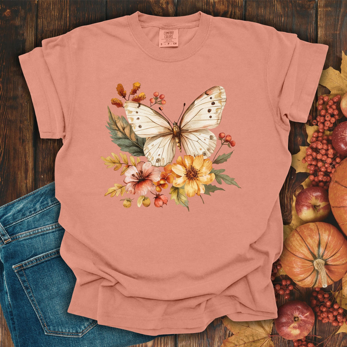 Vintage Autumn Butterfly & Dahlia Flowers T-Shirt