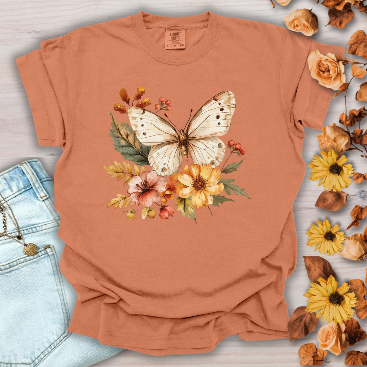 Vintage Autumn Butterfly & Dahlia Flowers T-Shirt