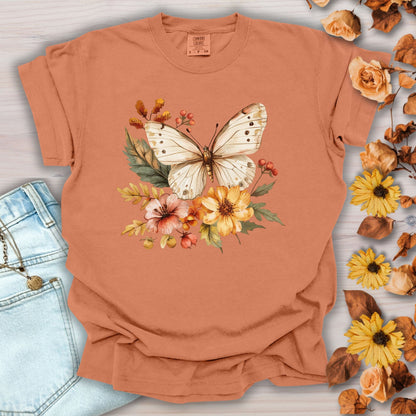 Vintage Autumn Butterfly & Dahlia Flowers T-Shirt