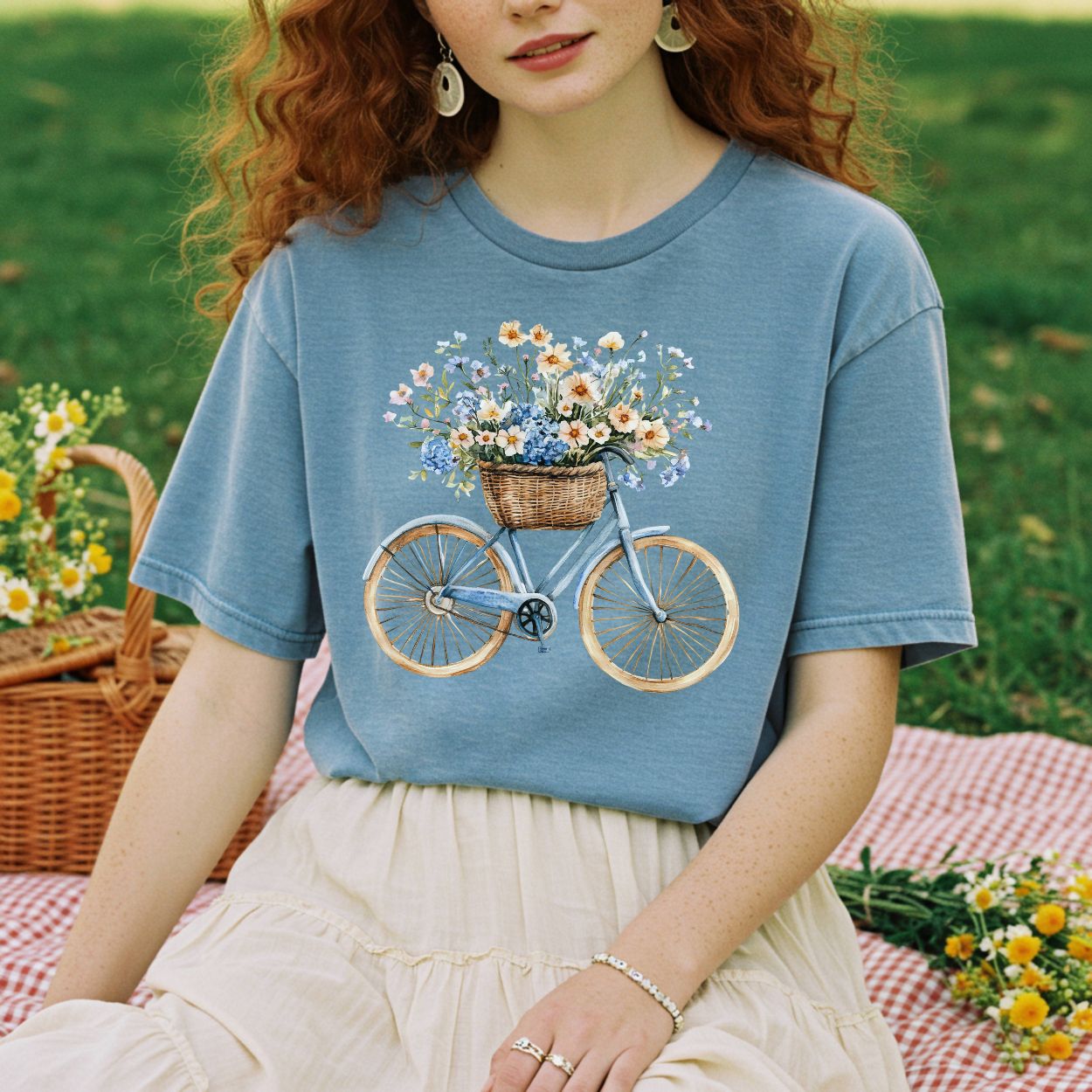 Vintage Bicycle with Basket of Wildflowers T-Shirt