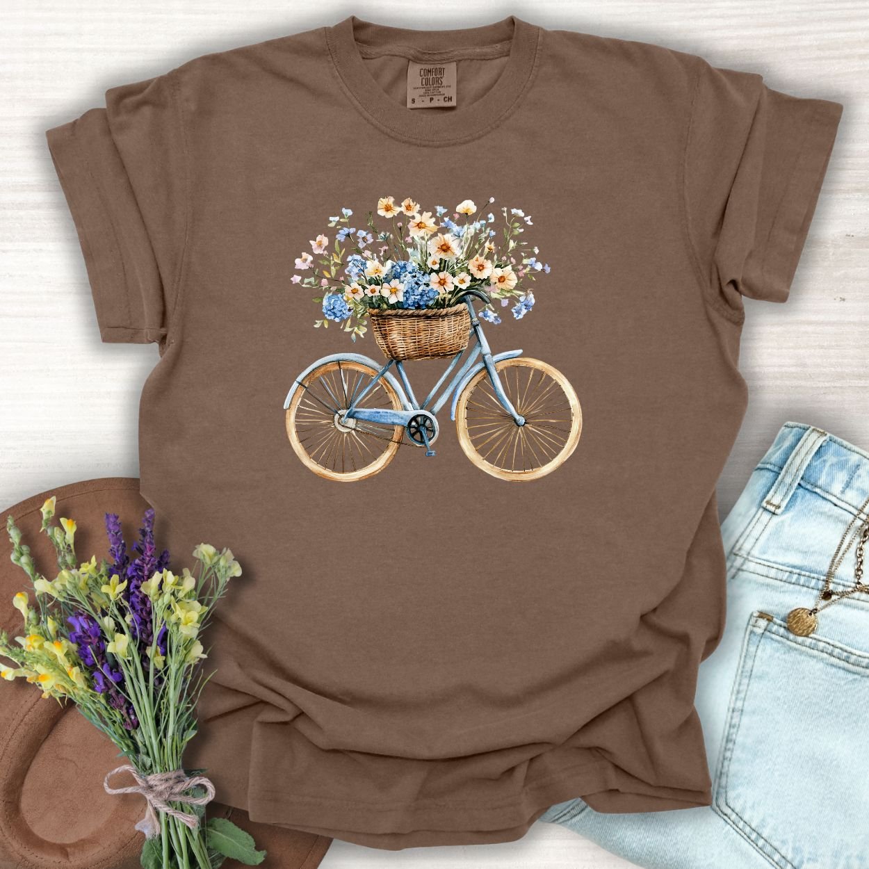 Vintage Bicycle with Basket of Wildflowers T-Shirt